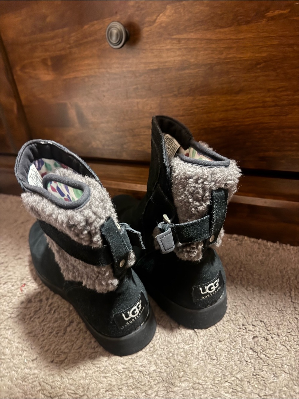 UGG Black Suede Boots with Gray Shearling Trim